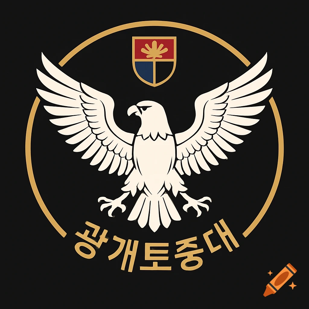 A white eagle with outstretched wings on a black circular emblem, outlined in gold. A small shield with a red and blue design sits above the eagle, and Korean text "광개토중대" in gold curves along the bottom.