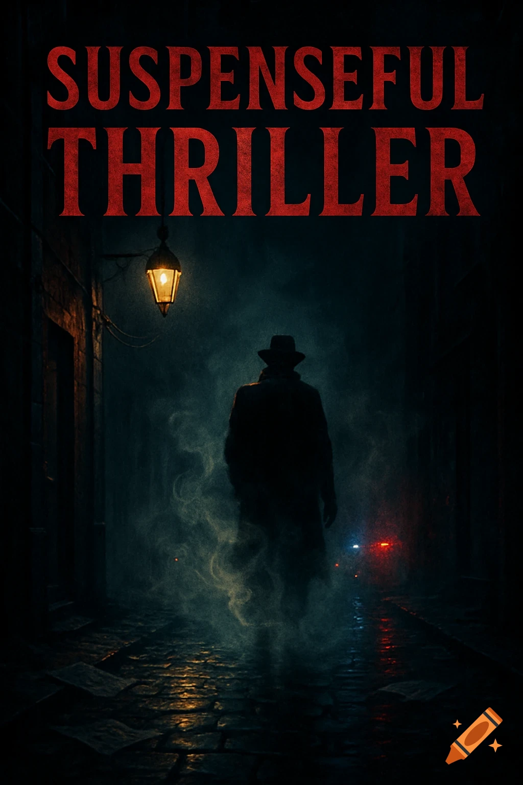 A shadowy man in a trench coat and fedora walks down a dark, foggy cobblestone alley at night, under a streetlamp. Text reads "SUSPENSEFUL THRILLER".