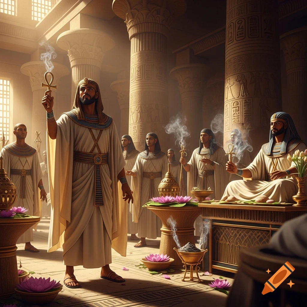 Ancient Egyptian priests in white robes performing a ritual in a grand temple with hieroglyphic pillars, holding ankhs and burning incense.