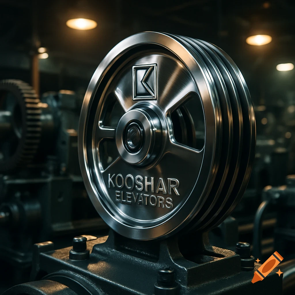 Close-up of a shiny metallic elevator pulley with 'KOOSHAR ELEVATORS' embossed, set in a dimly lit industrial environment.