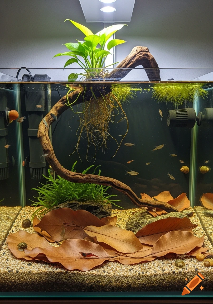 A detailed view of a planted aquarium with fish, shrimp, snails, a large submerged branch, and brown leaves on the gravel bottom.
