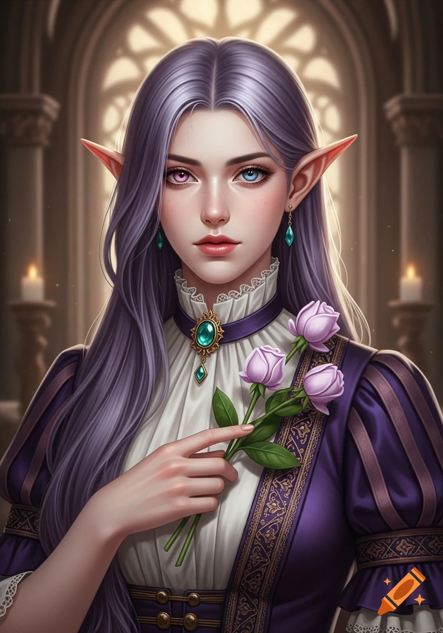 Fantasy portrait of a half-elf woman with purple hair, heterochromatic eyes, wearing a purple historical dress, holding purple roses.