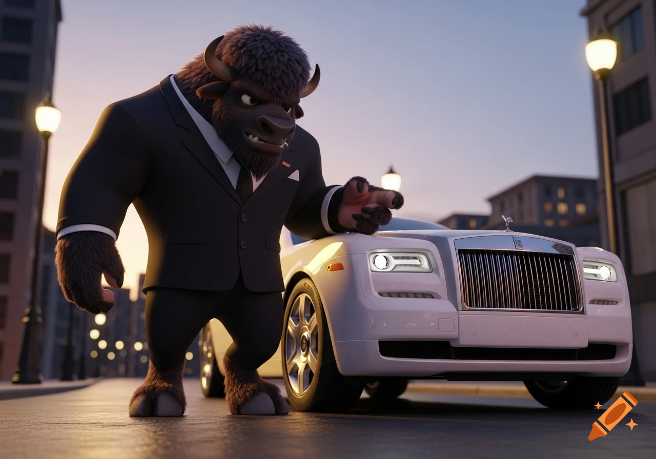 A muscular, anthropomorphic bison in a black suit stands next to a white Rolls Royce on a city street at dusk.