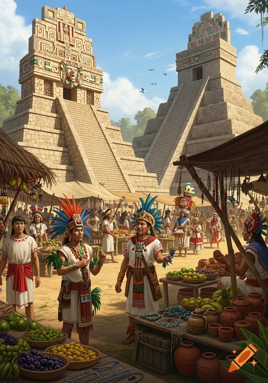 A vibrant marketplace bustles in front of grand Mayan-style temples, with people in traditional attire trading fruit, pottery, and jewelry.