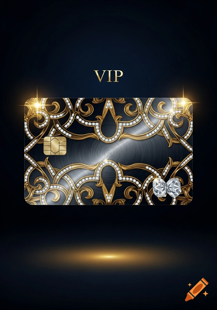 A luxurious VIP bank card with ornate gold scrollwork, diamonds, and a brushed dark metal background.