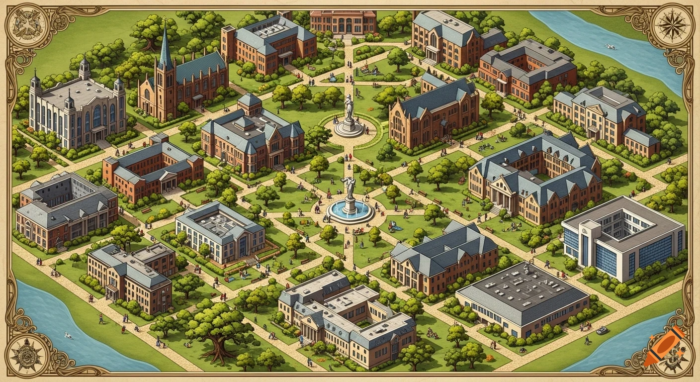 Isometric illustrated map of an expansive college campus with numerous buildings, green areas, paths, people, and a river.