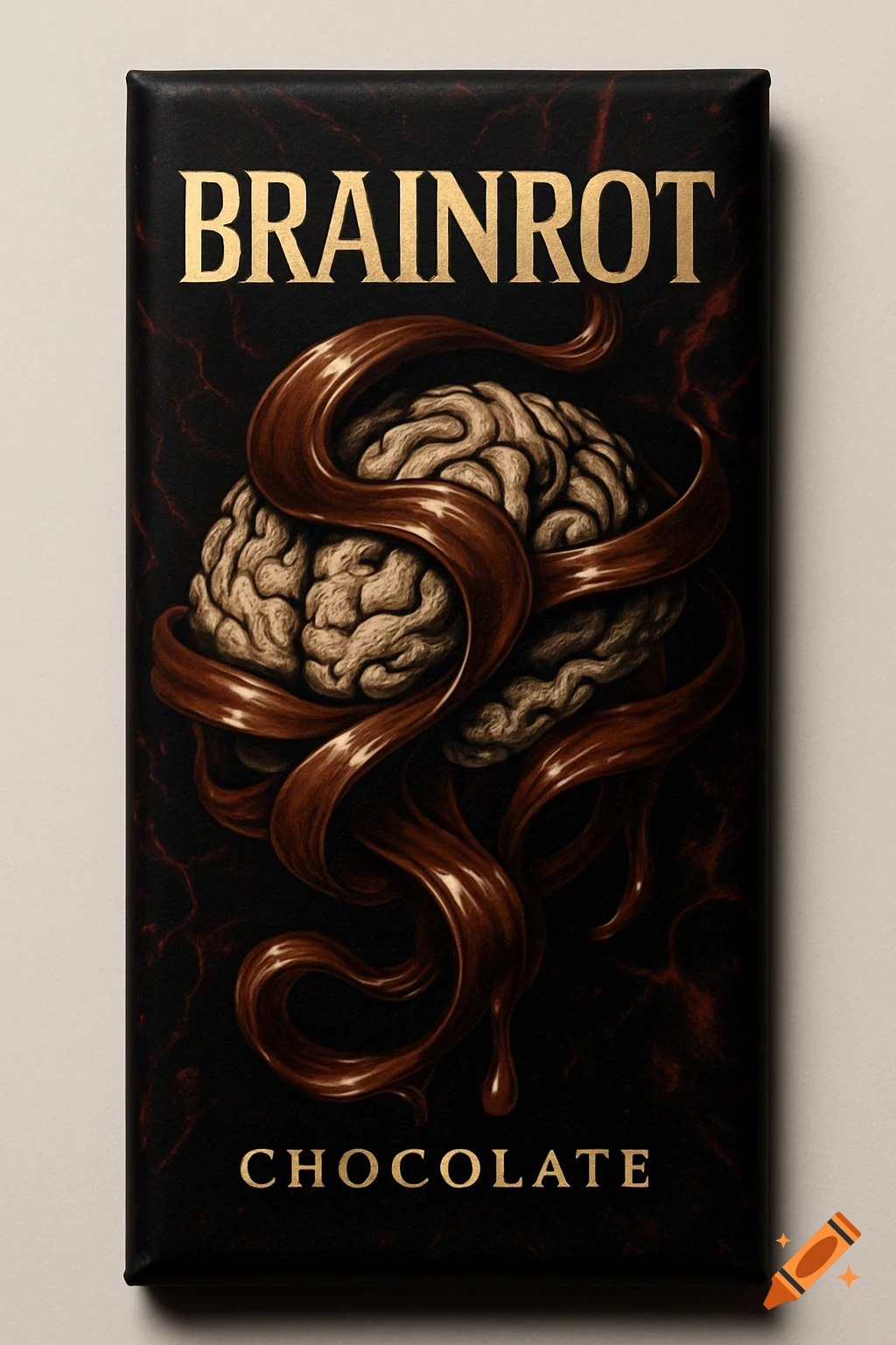 A black chocolate bar wrapper with gold text "BRAINROT CHOCOLATE" and a brain covered in melting chocolate.