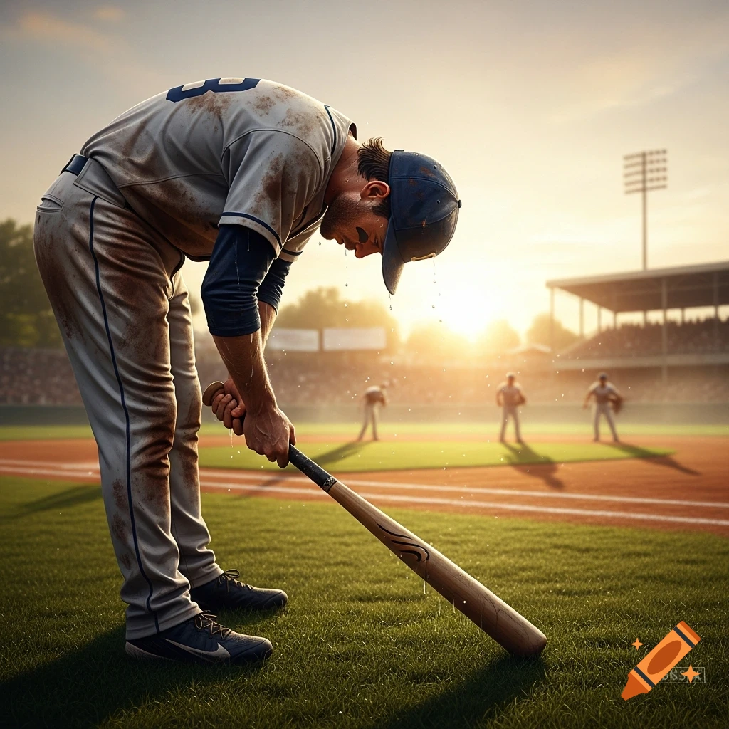 A tired baseball player in a dirty uniform is hunched over, holding a bat on a sunny baseball field at sunset.