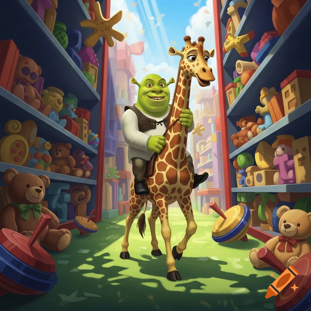 Shrek riding a tall giraffe through a vibrant, sunlit toy store filled with colorful toys on shelves, in a cartoon style.