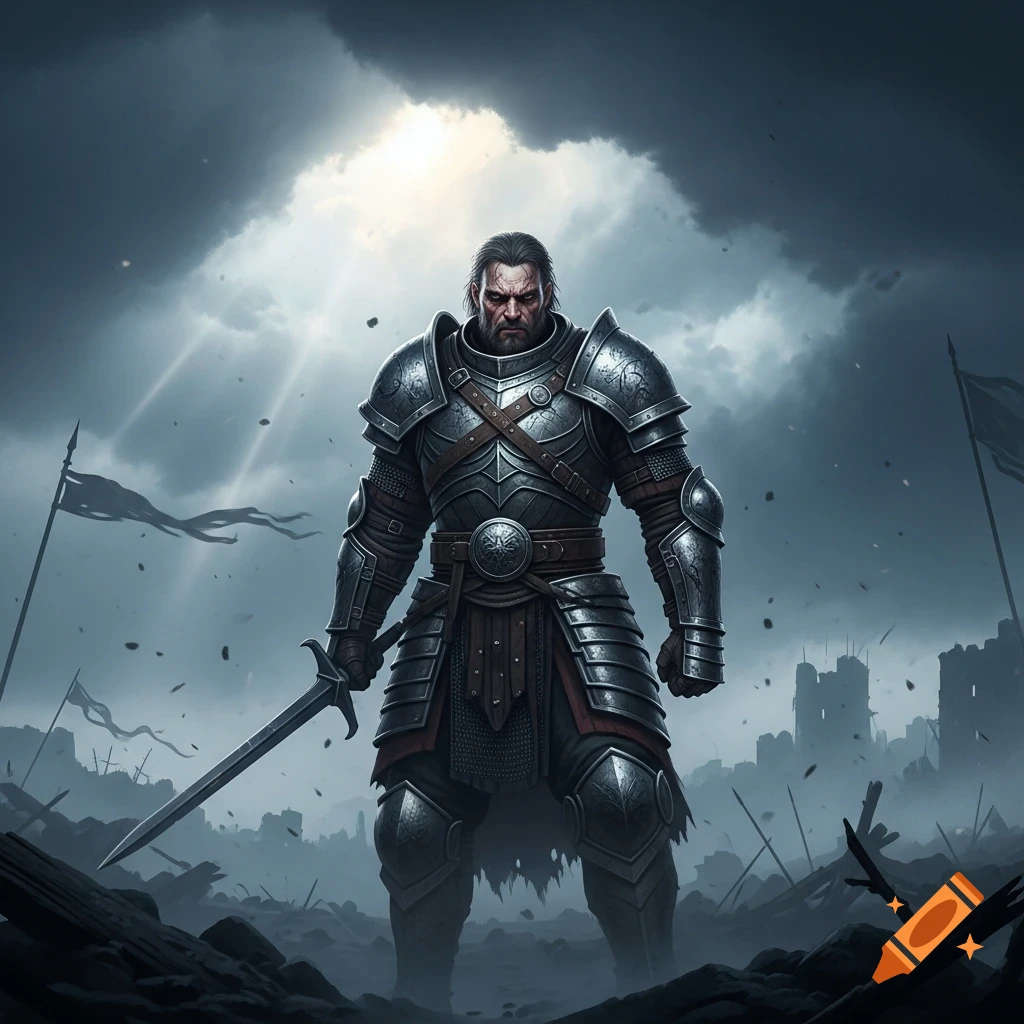 A grim knight in detailed plate armor stands on a desolate battlefield under a dramatic, cloudy sky with sun rays.