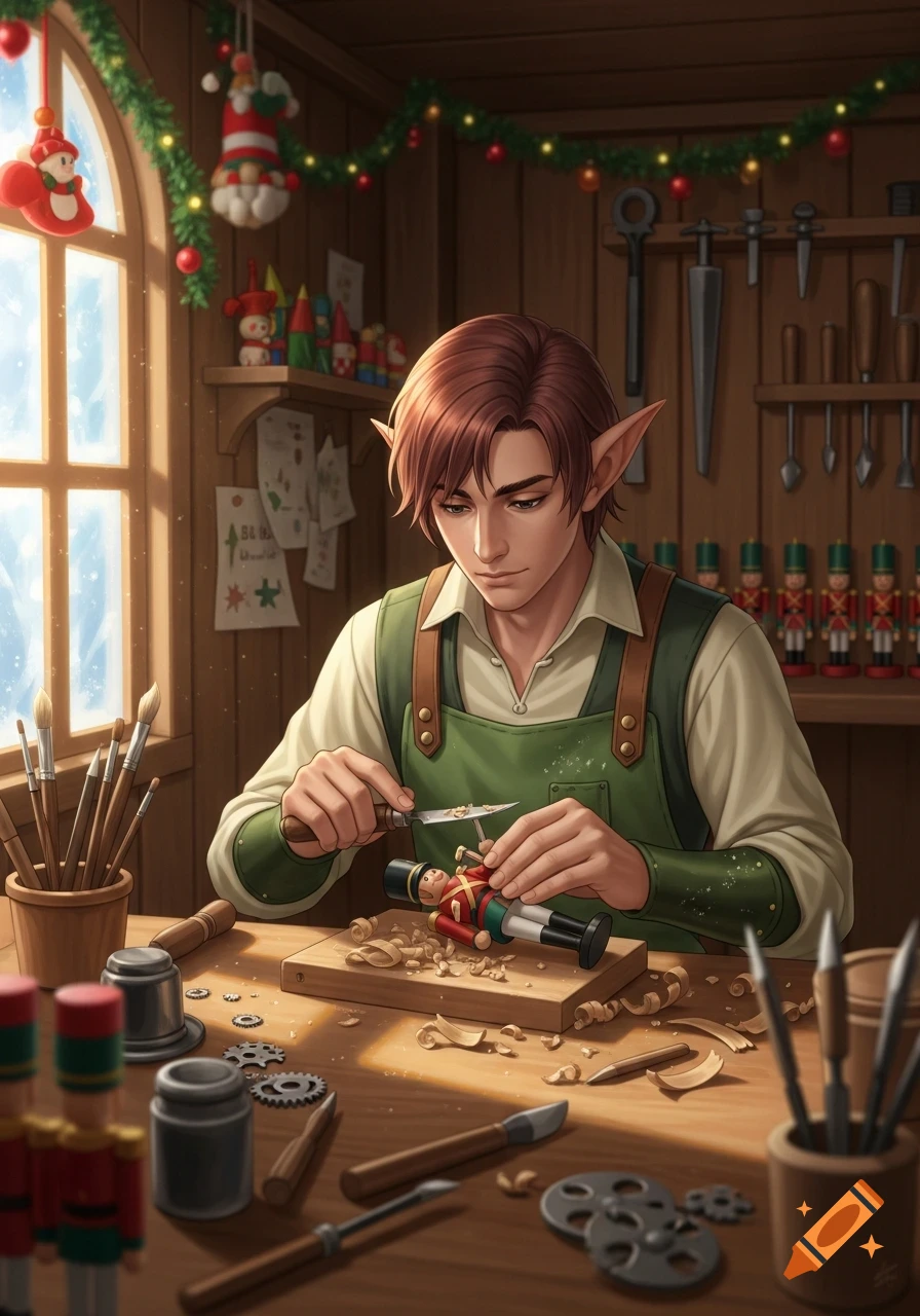 An elf in a festive workshop carves a wooden nutcracker, surrounded by tools and Christmas decorations.