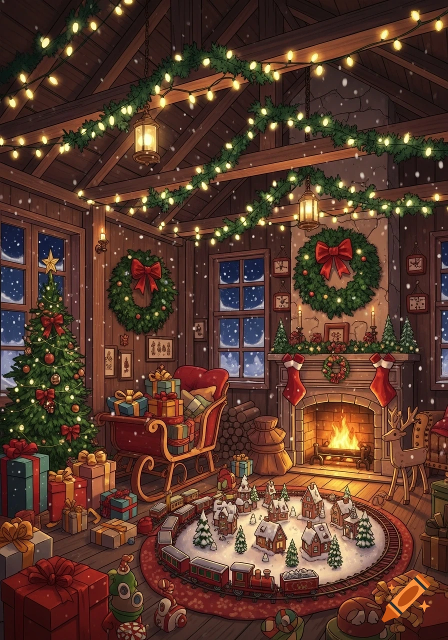 A cozy, cartoon-style Christmas cabin interior with a decorated tree, gifts, a fireplace, and a model train set.