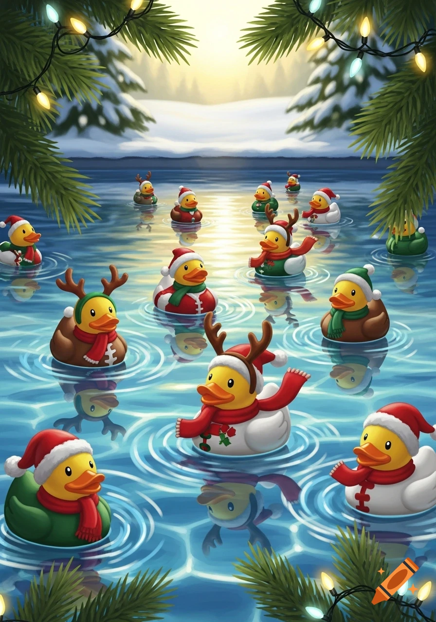 Christmas-themed rubber ducks in Santa hats, scarves, and reindeer antlers float on a reflective icy pond with snow-covered trees and string lights.