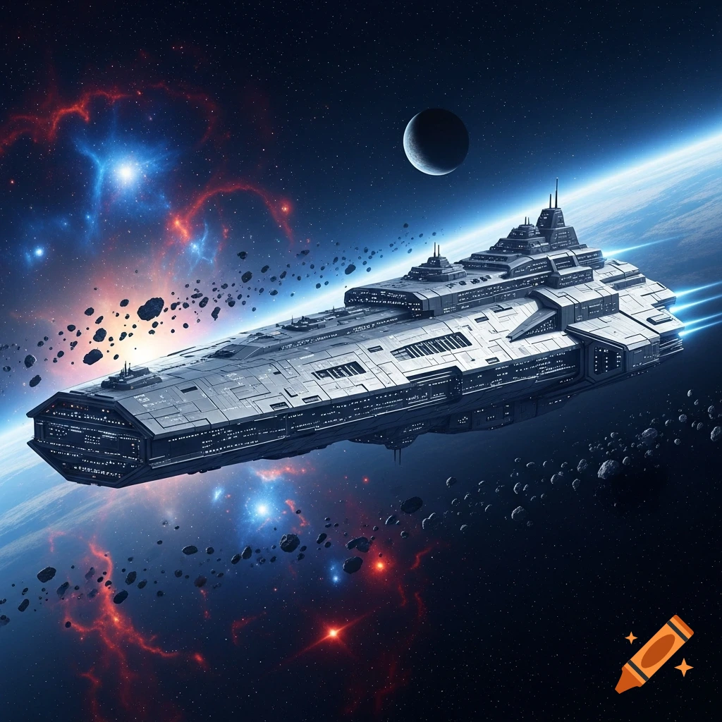 A large, detailed futuristic spaceship flies through space, with a planet, a moon, nebulae, and asteroids.
