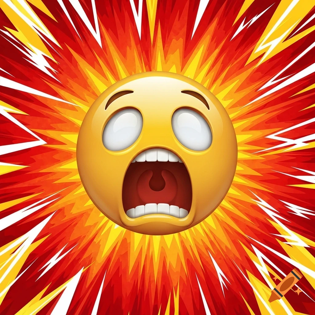 A screaming yellow emoji with wide white eyes and an open mouth against a red and yellow explosion background.