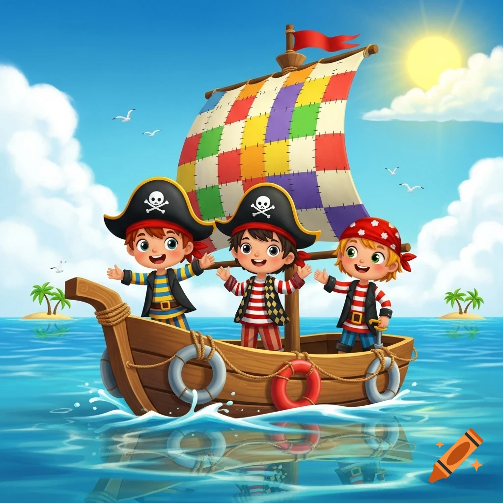 Three smiling cartoon pirate children on a wooden boat with a colorful sail, sailing on a blue ocean under a sunny sky.