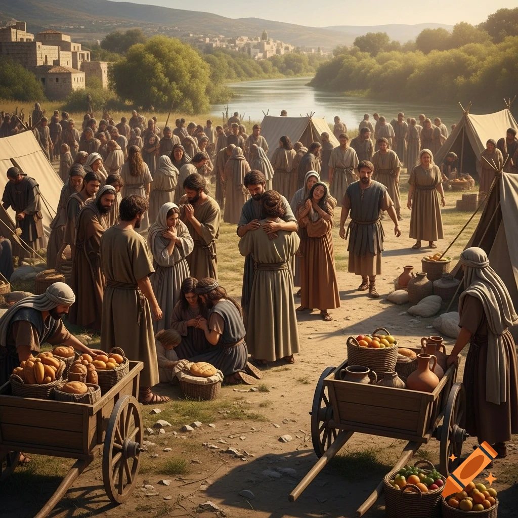 A large gathering of people in ancient robes, some embracing or praying, with tents, carts of food, and a river and town in the background.