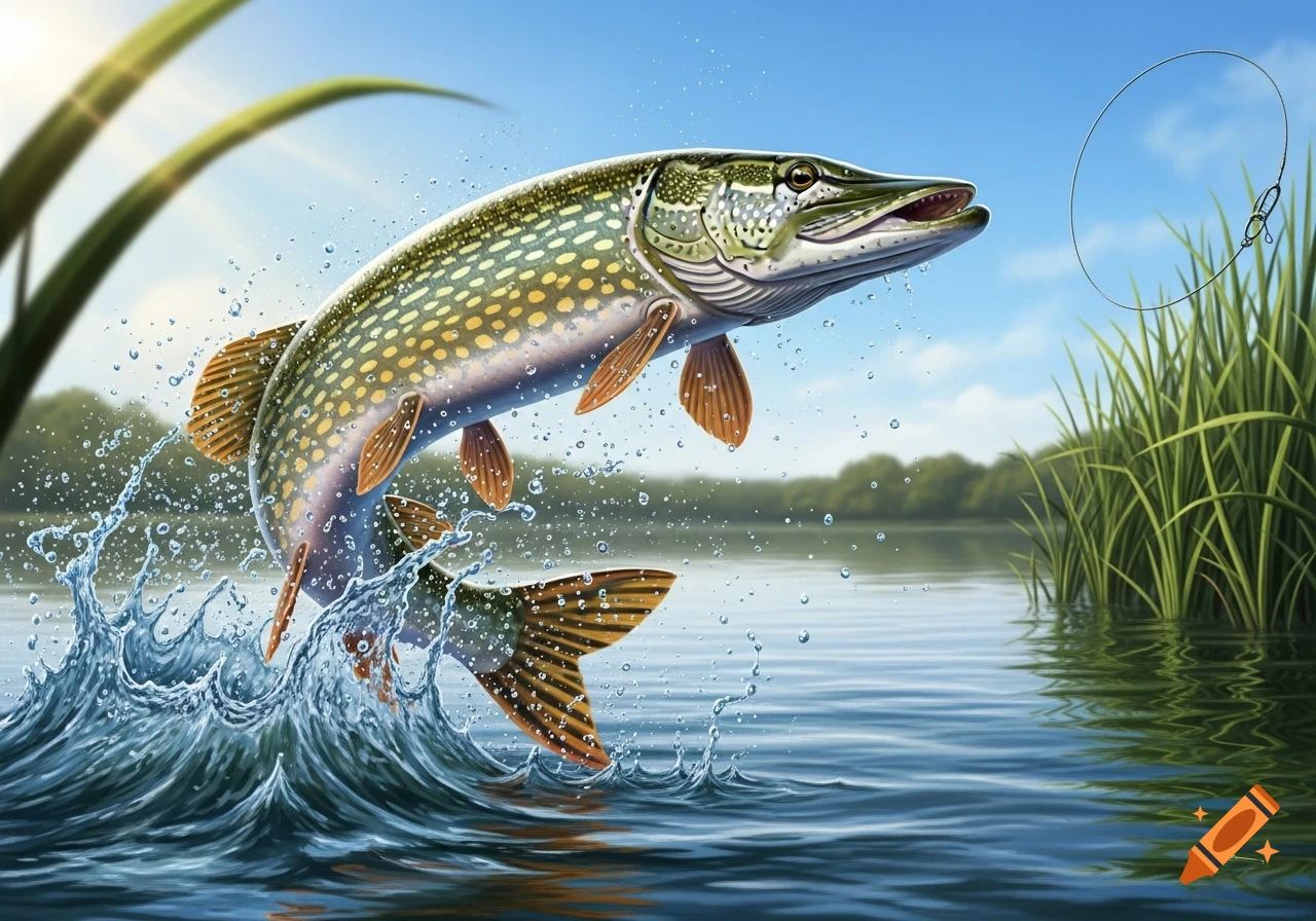 A realistic illustration of a spotted pike fish leaping from blue water with a splash, amidst green reeds under a sunny sky.