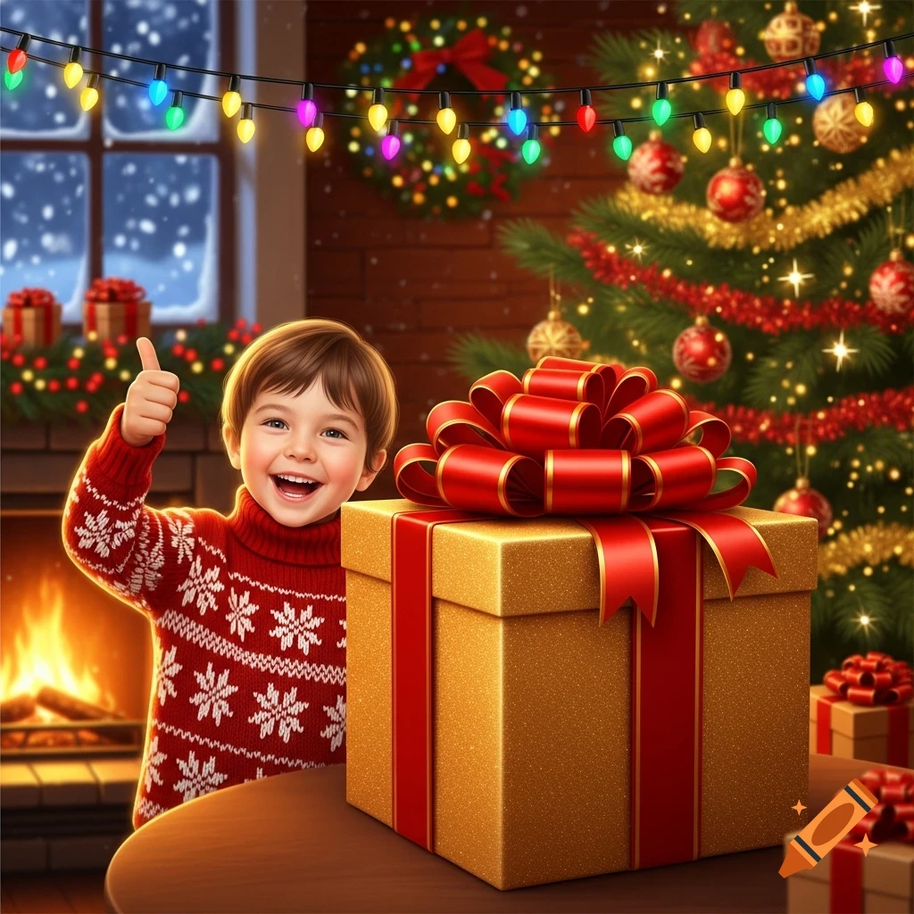 A smiling child in a red snowflake sweater gives a thumbs up next to a large gold Christmas present, with a festive tree and fireplace in the background.