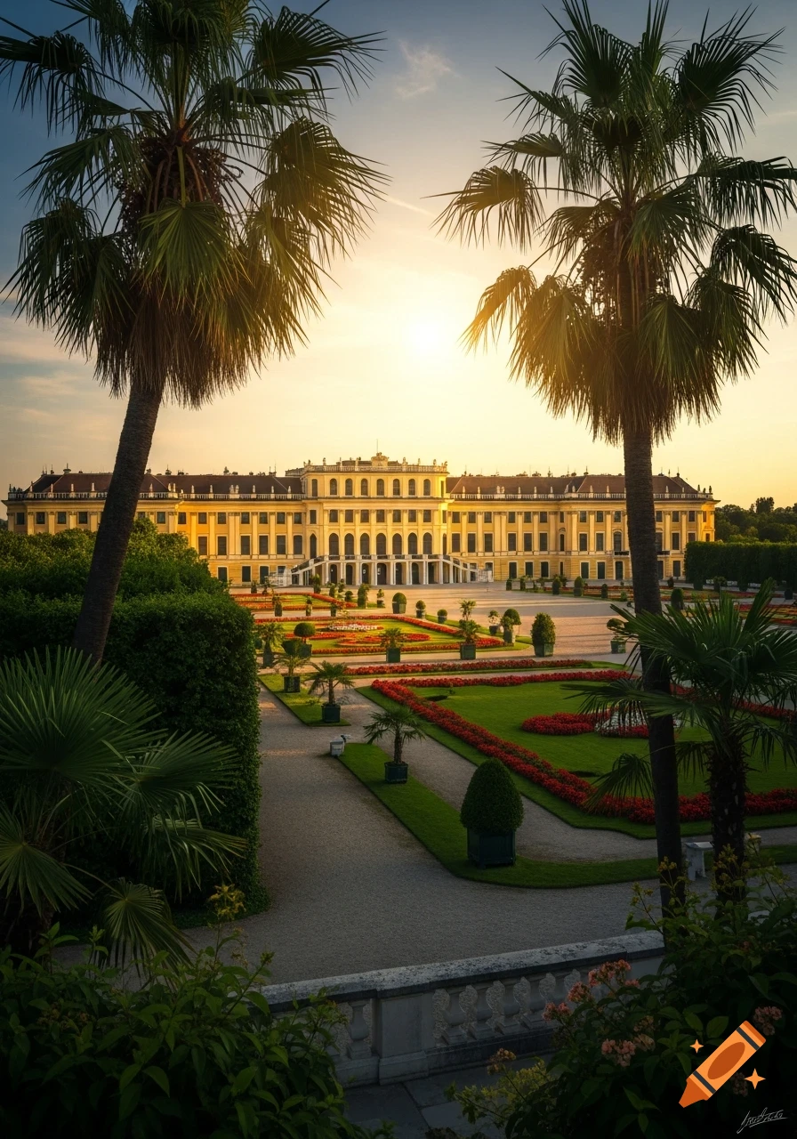 Photorealistic view of Schönbrunn Palace at sunset, framed by palm trees, overlooking ornate green gardens with red flowers.