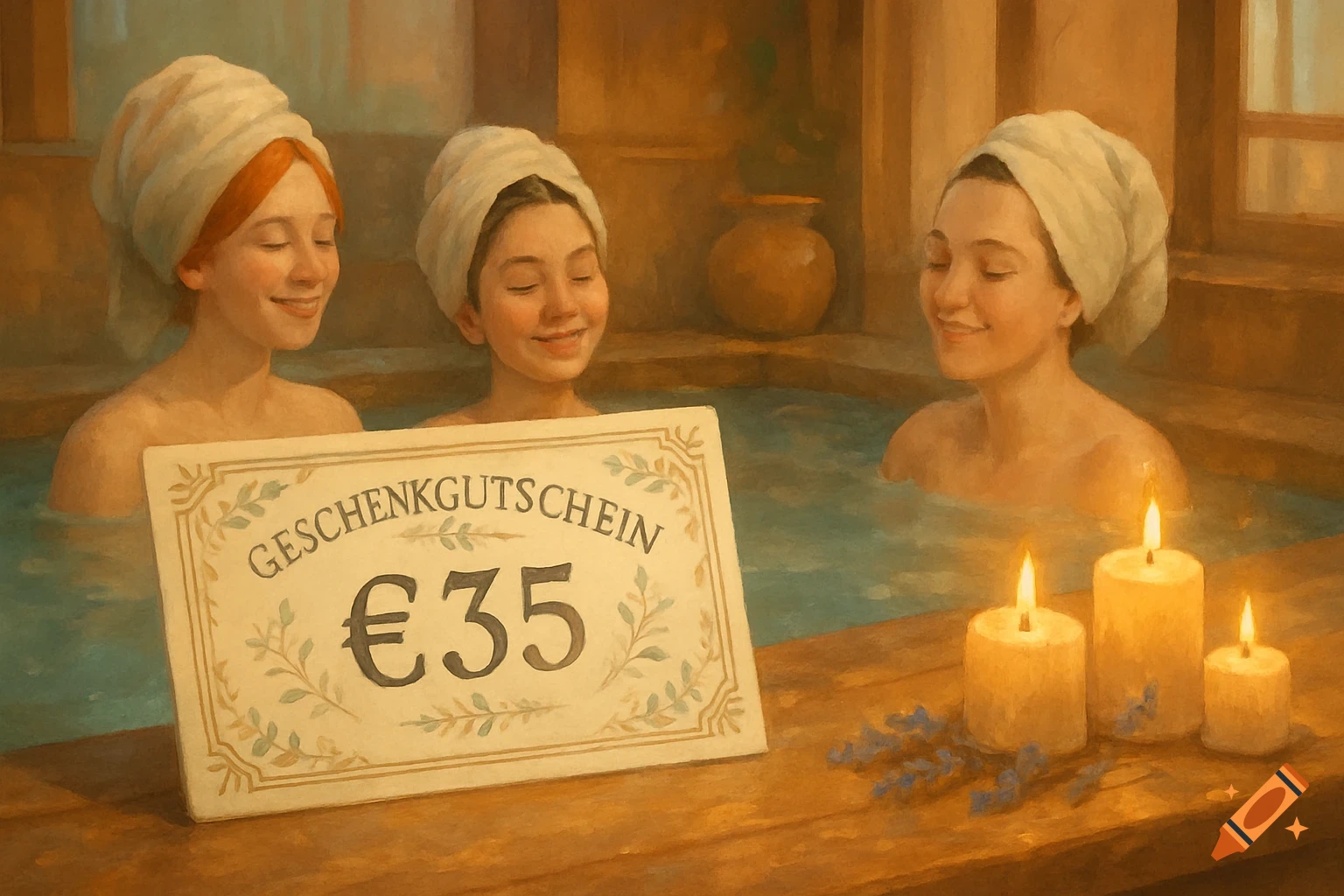 Three young women with towels on their heads smile while relaxing in a bath, with a 'GESCHENKGUTSCHEIN €35' sign and candles in the foreground. Painted style.