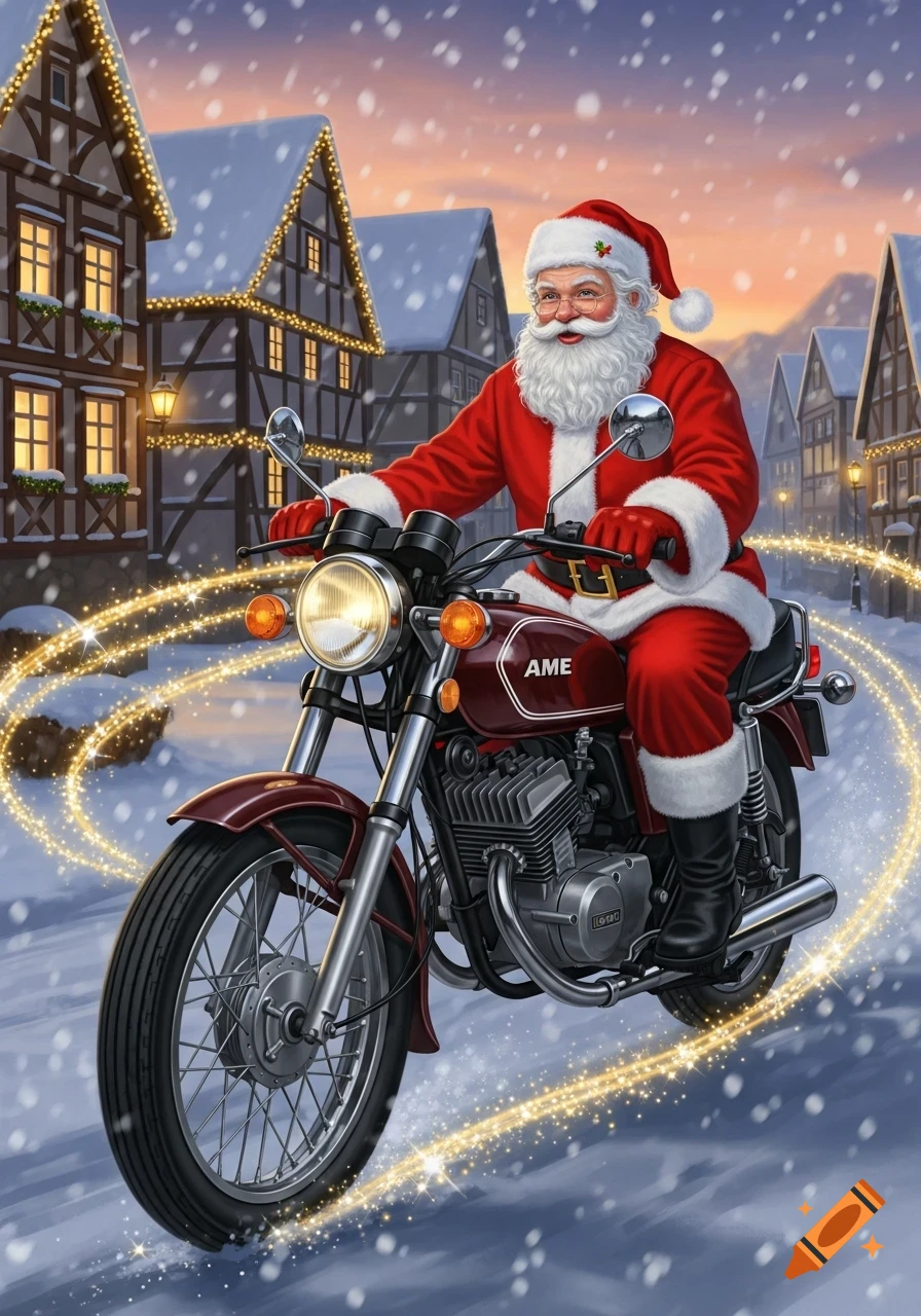 Santa Claus rides a maroon motorcycle with golden light trails through a snowy, festive village street at dusk. Illustrated art style.