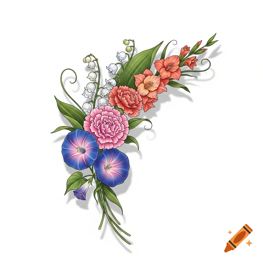 A vibrant floral tattoo design with pink, blue, orange, and white flowers, green leaves, and delicate tendrils on a white background.