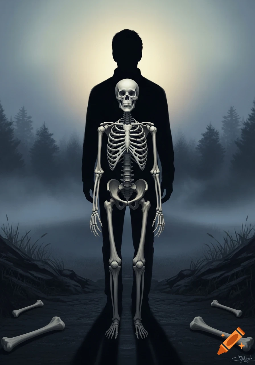 A full human skeleton stands before a dark silhouette of a person in a misty forest with scattered bones.