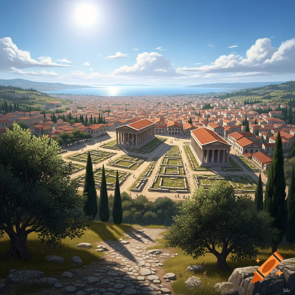 A high-angle view of a sprawling ancient city with red-roofed buildings, temples, and organized ruins, beside a large blue body of water under a bright sun.