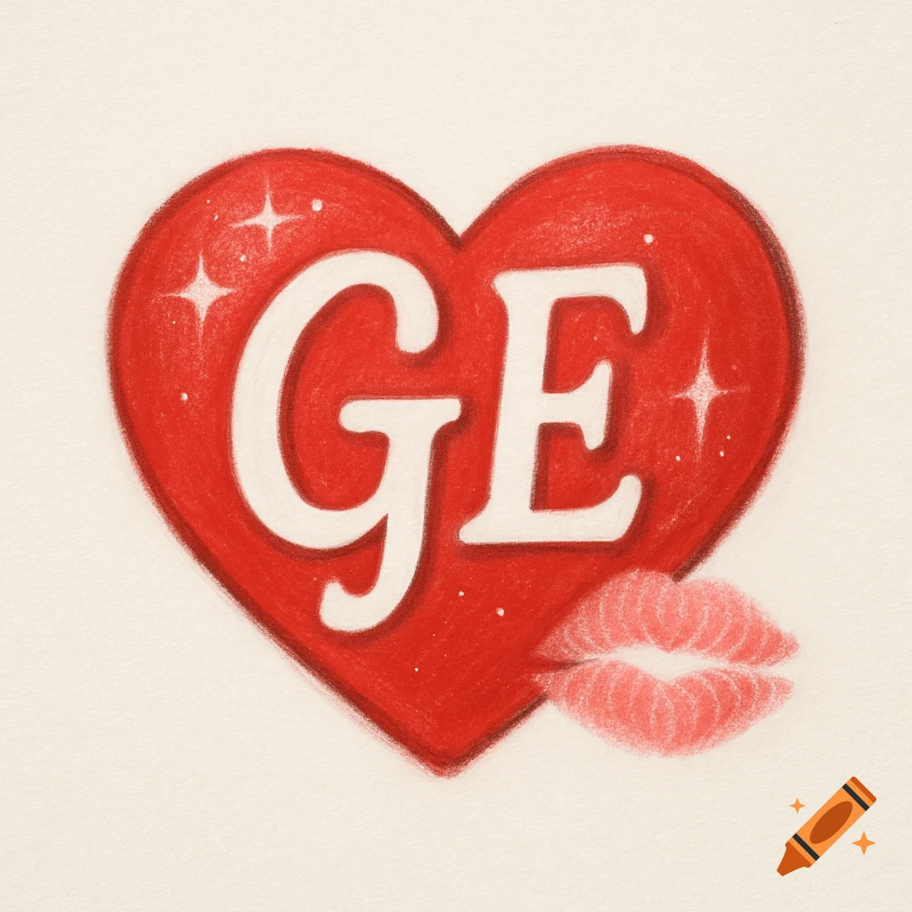 A hand-drawn red heart with white letters 'GE' inside, decorated with sparkles and a pink kiss print, on a light background.