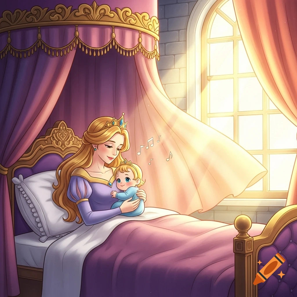 A cartoon princess with long blonde hair and a crown, cradling a baby princess in a royal four-poster bed with sunbeams through a window.