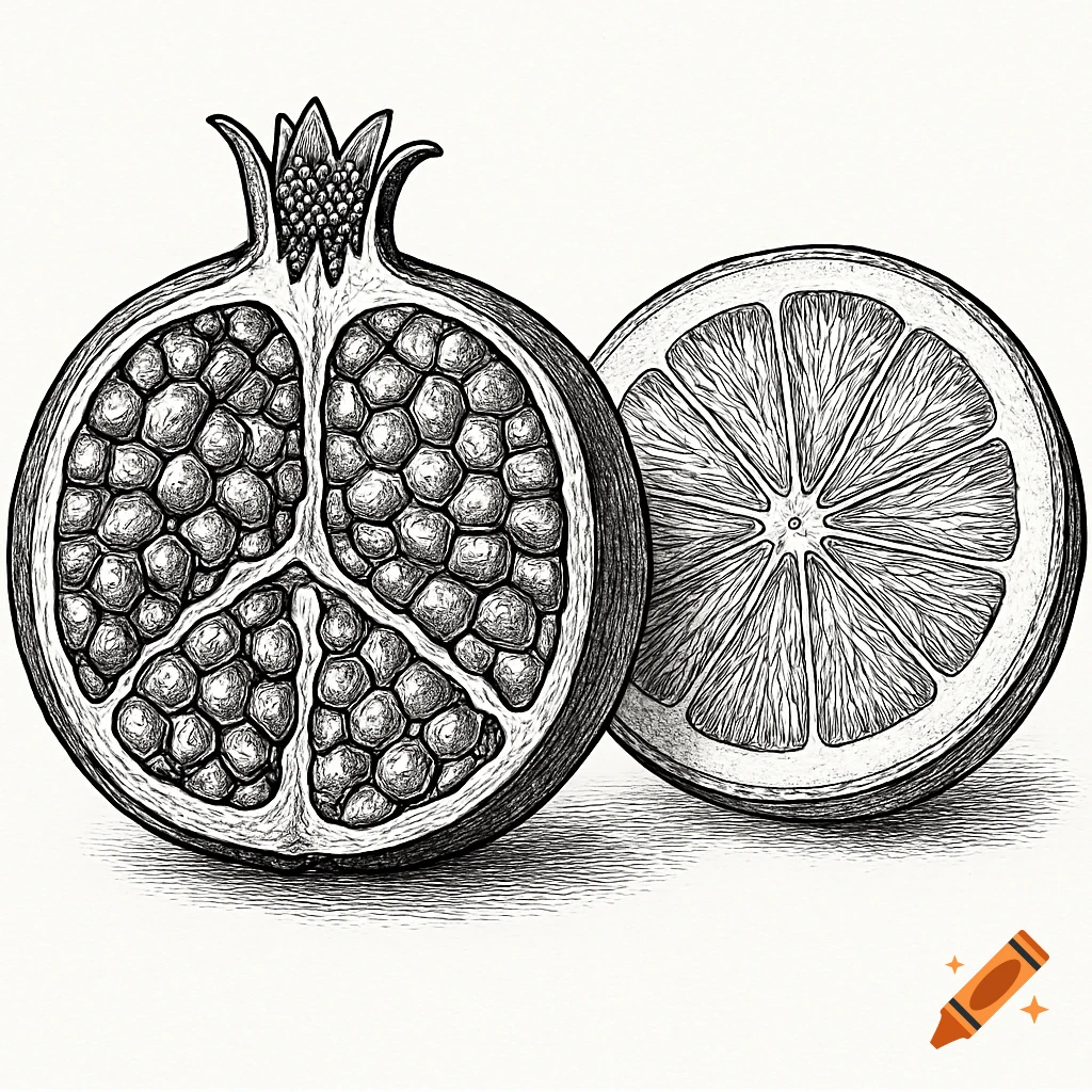 Black and white scientific line drawing of a halved pomegranate and a sliced orange.