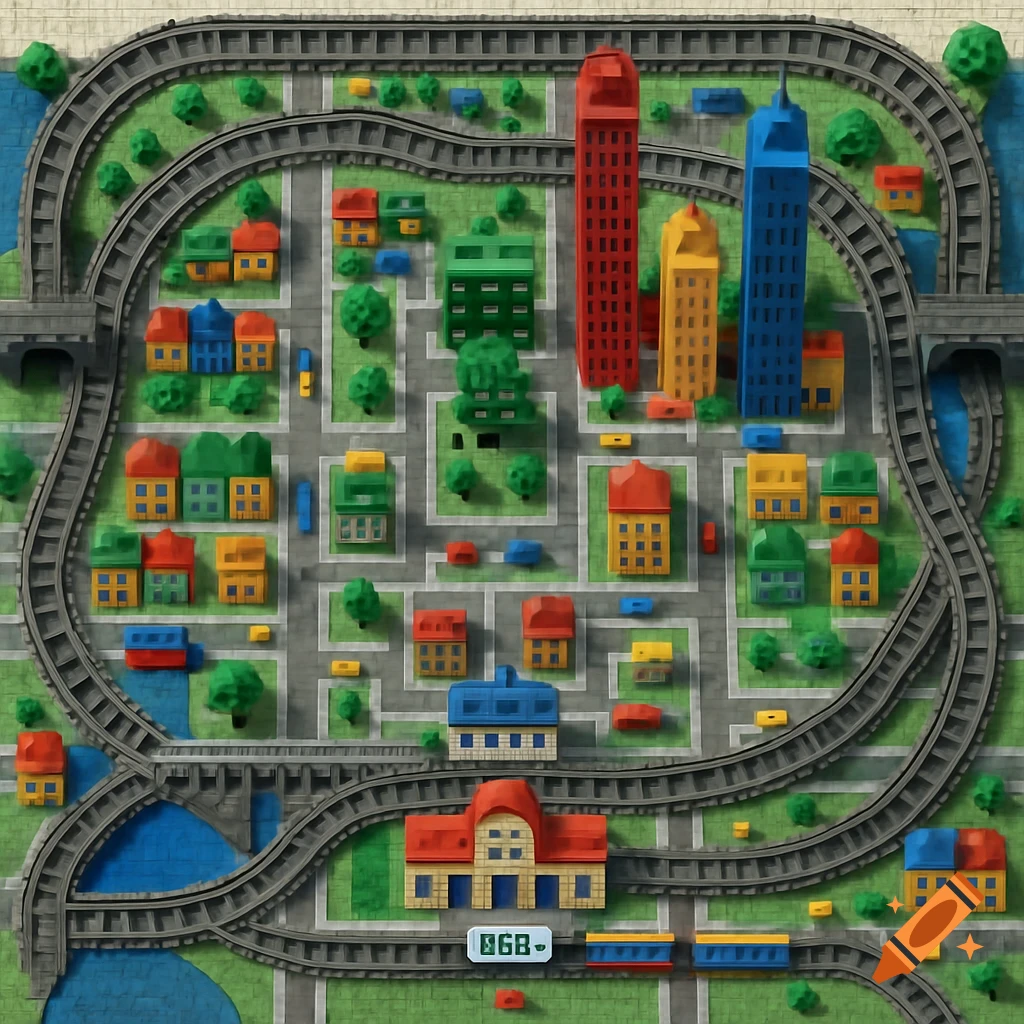 Overhead schematic view of a colorful Lego city with a looping railway network, various buildings, roads, trees, and a river.
