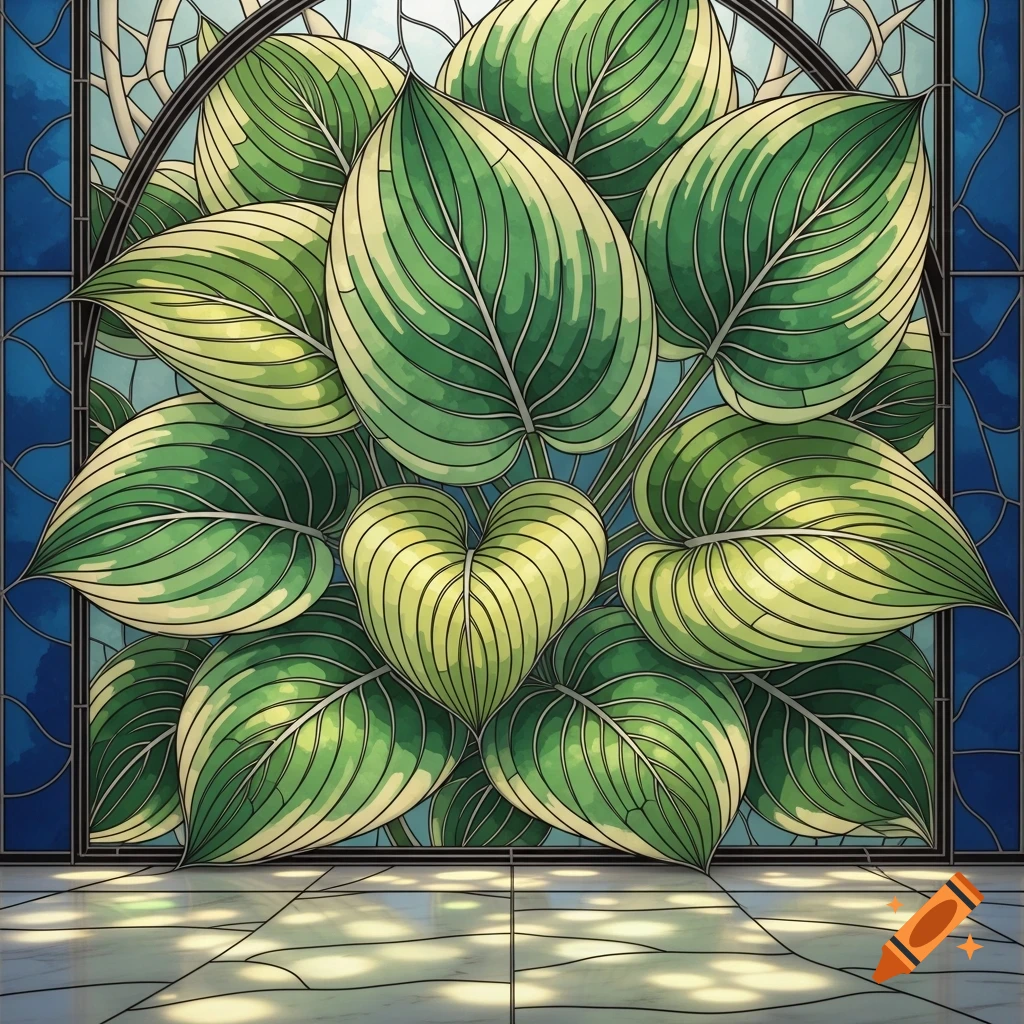 A beautiful stained glass window featuring vibrant green and yellow hosta leaves, with light filtering through them onto a tiled floor.