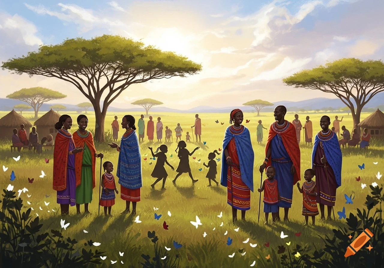 Illustration of an African community in traditional attire with children playing among butterflies in a sunny savanna landscape.