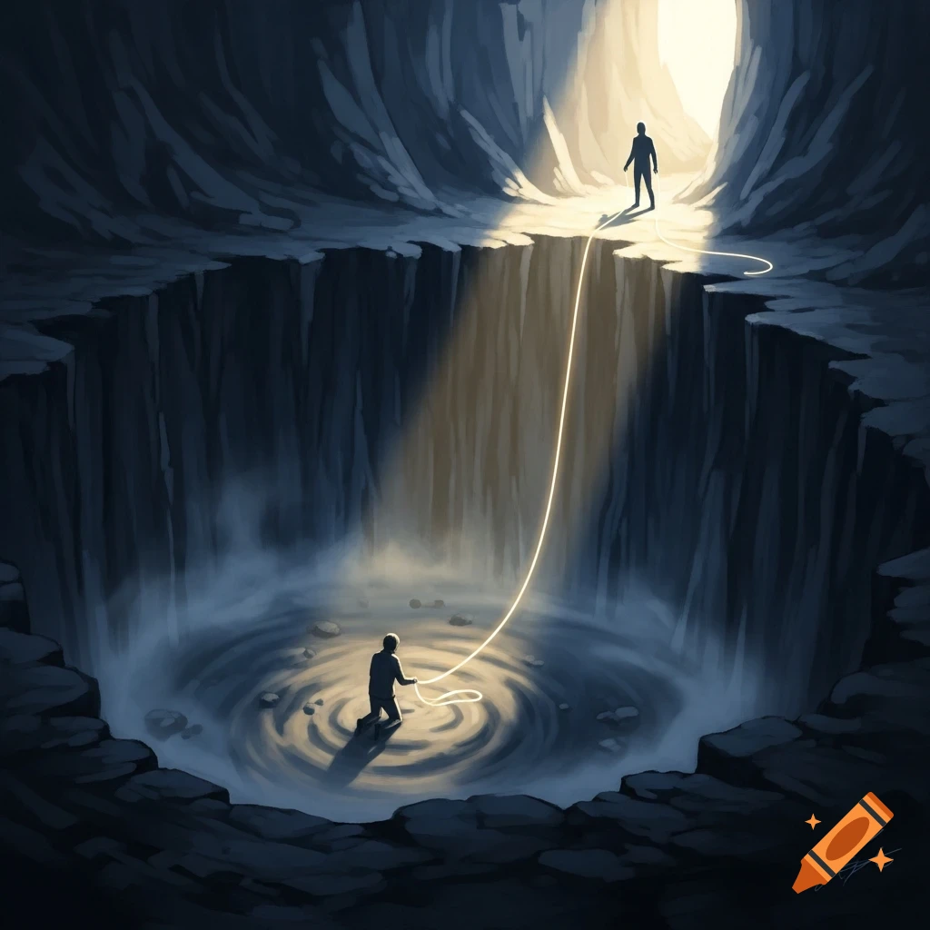 A digital illustration shows a silhouetted figure in a deep, dark cavern reaching for a glowing line extended by another figure above.