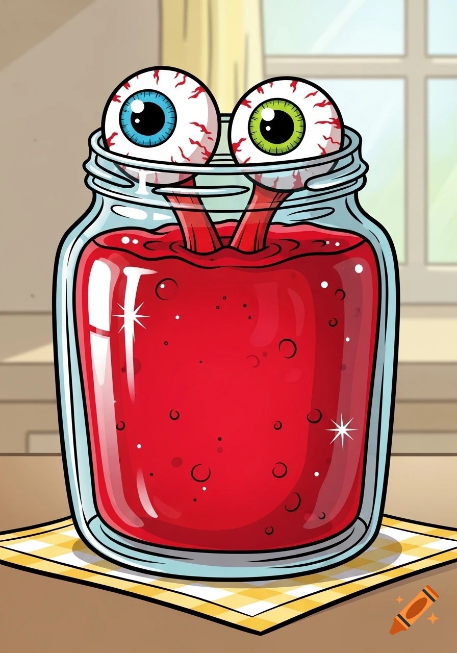 A cartoon jar of red jam with two bloodshot eyeballs, one blue and one green, sticking out from the top, on a checkered coaster.