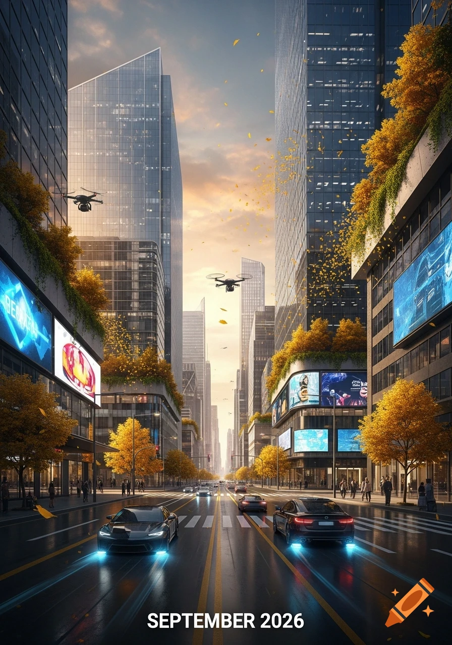 A vibrant, futuristic city street in autumn, with modern skyscrapers, cars with glowing lights, and drones flying above. Text reads "SEPTEMBER 2026" at the bottom.