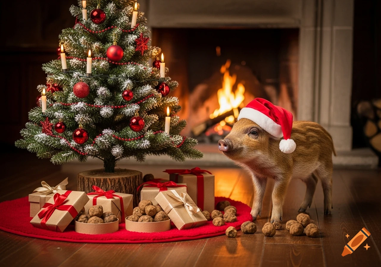 A cute piglet wearing a Santa hat stands next to a decorated Christmas tree with presents and truffles by a fireplace.