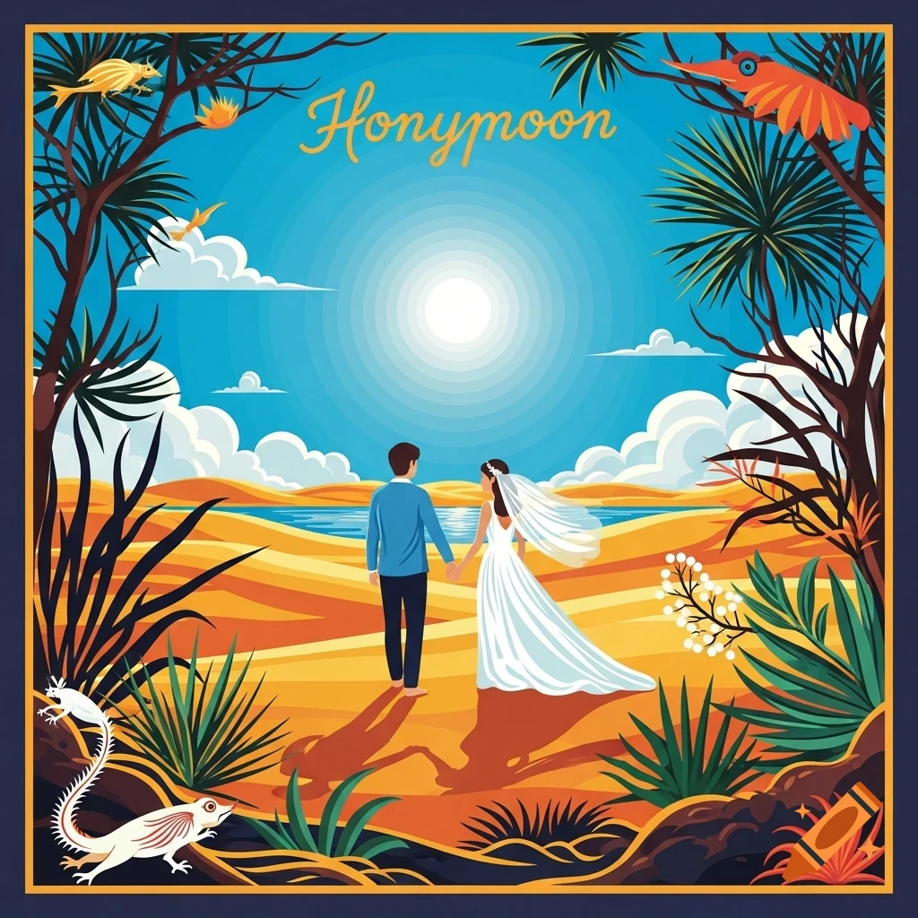 Stylized illustration of a couple walking on a sandy beach at sunset, surrounded by exotic plants, with 'Honeymoon' written at the top.