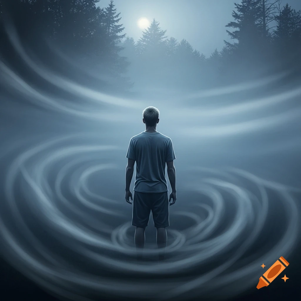 A man with short blond hair stands with his back to the viewer, looking at a misty, moonlit forest, surrounded by swirling fog on water.