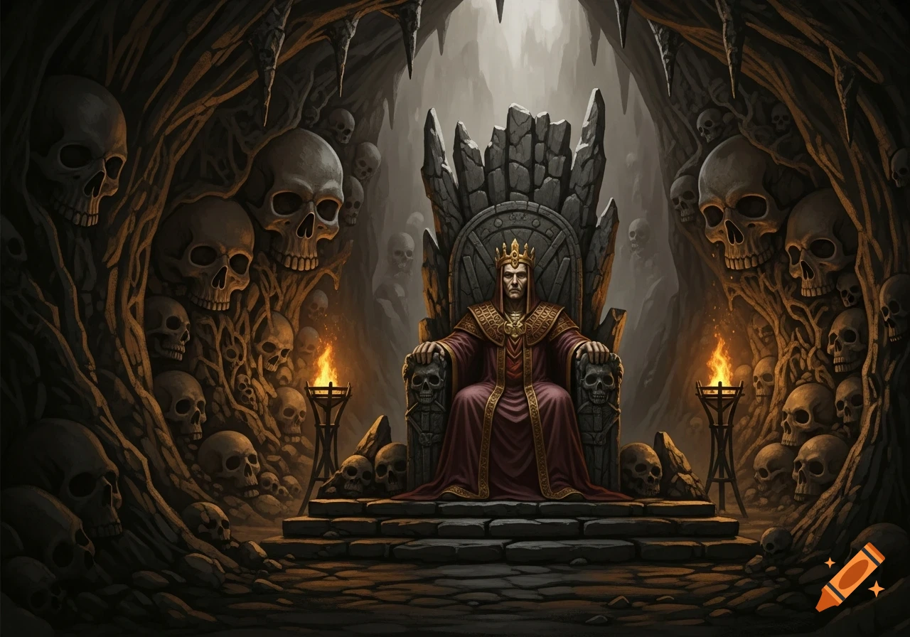 A king in a regal robe sits on a stone throne in a dark cave surrounded by numerous skulls carved into the walls, with torches providing light. Digital art.
