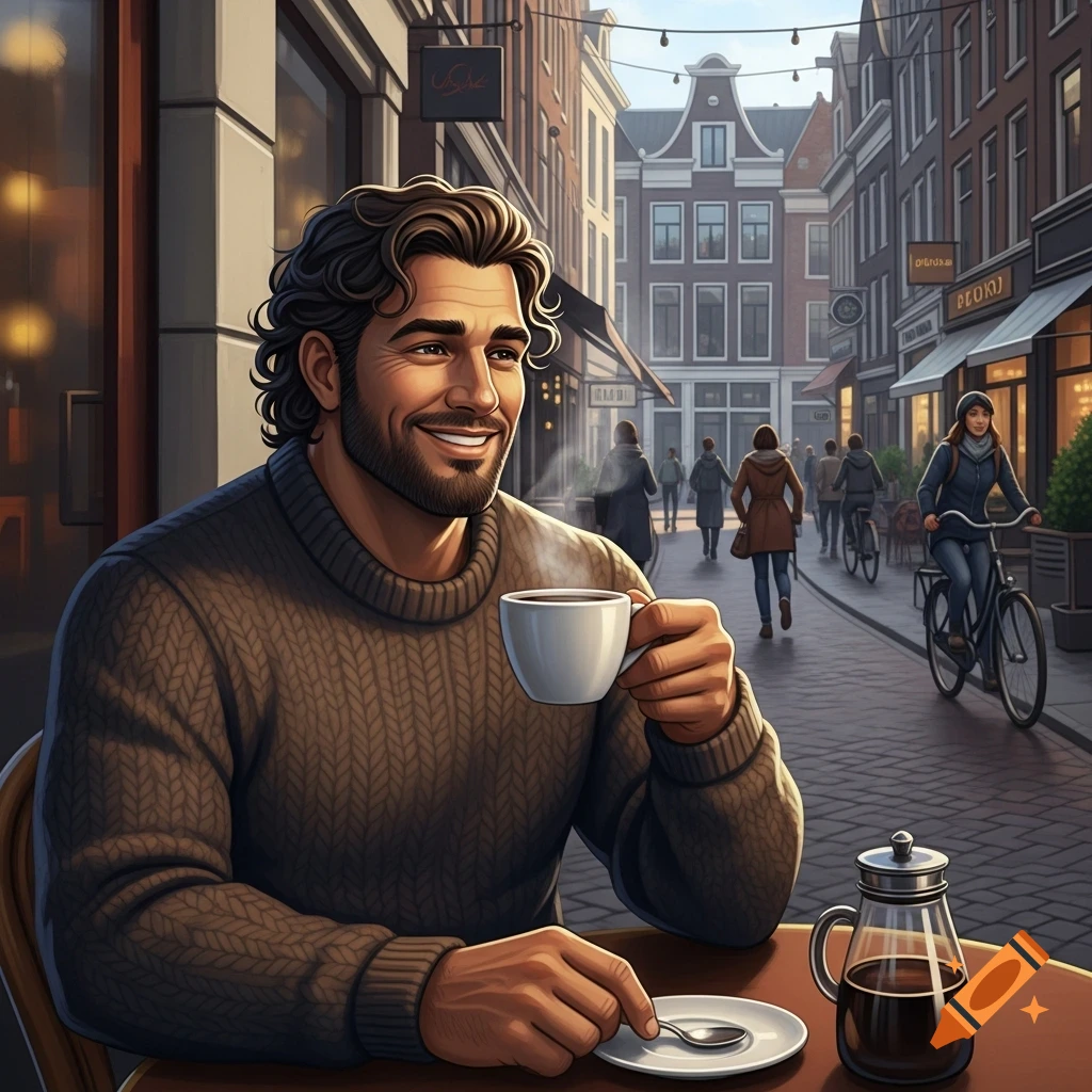 A smiling man with a beard and curly hair sips coffee at an outdoor cafe on a bustling European-style city street.