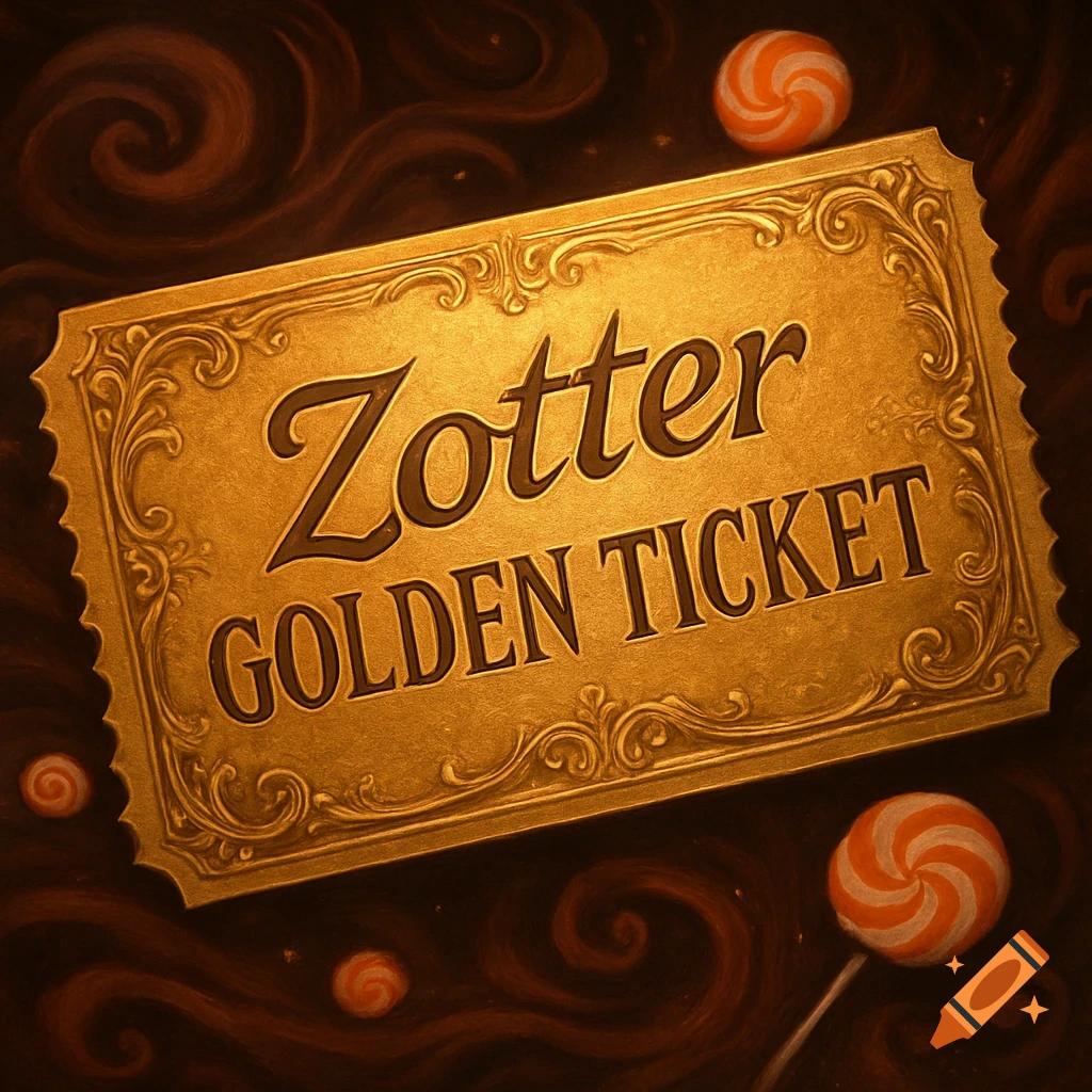 An ornate golden ticket with 'Zotter GOLDEN TICKET' text, set against a dark, swirling chocolate background with orange and white candies.