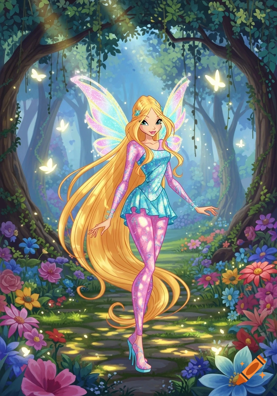 A blonde fairy with colorful wings and a sparkling blue and pink outfit in a vibrant, enchanted forest with flowers and butterflies.