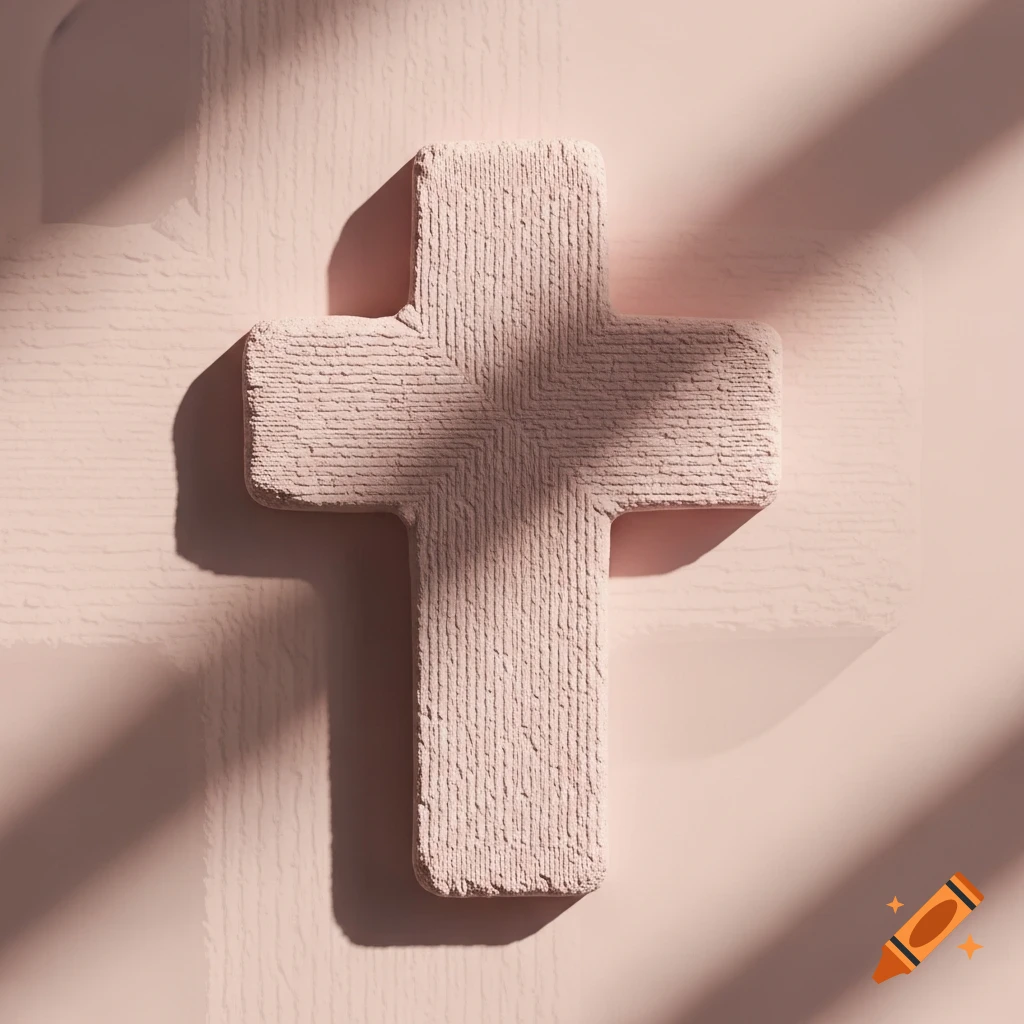 A textured, pink plaster cross casts shadows on a matching pink background in warm light.