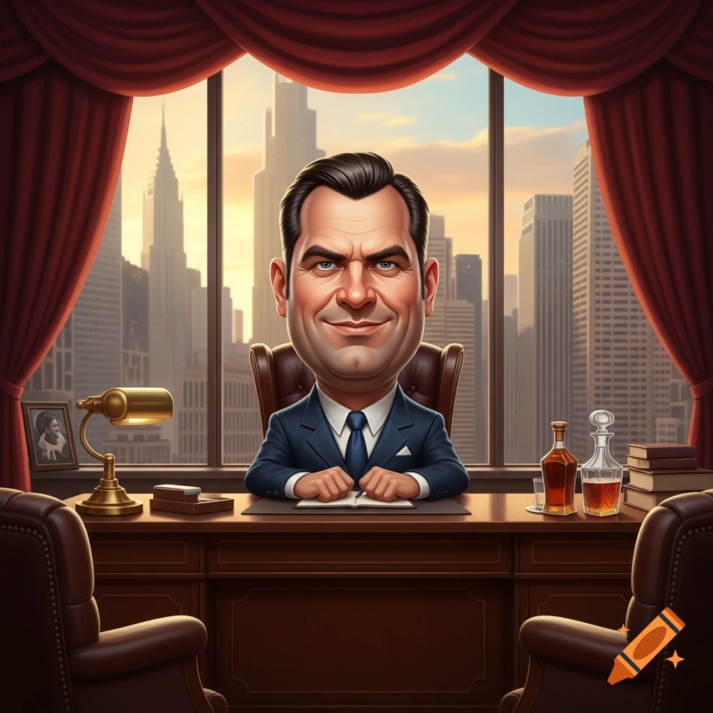 Caricature of a smiling businessman with a large head in a suit sitting at an office desk with a city skyline background.