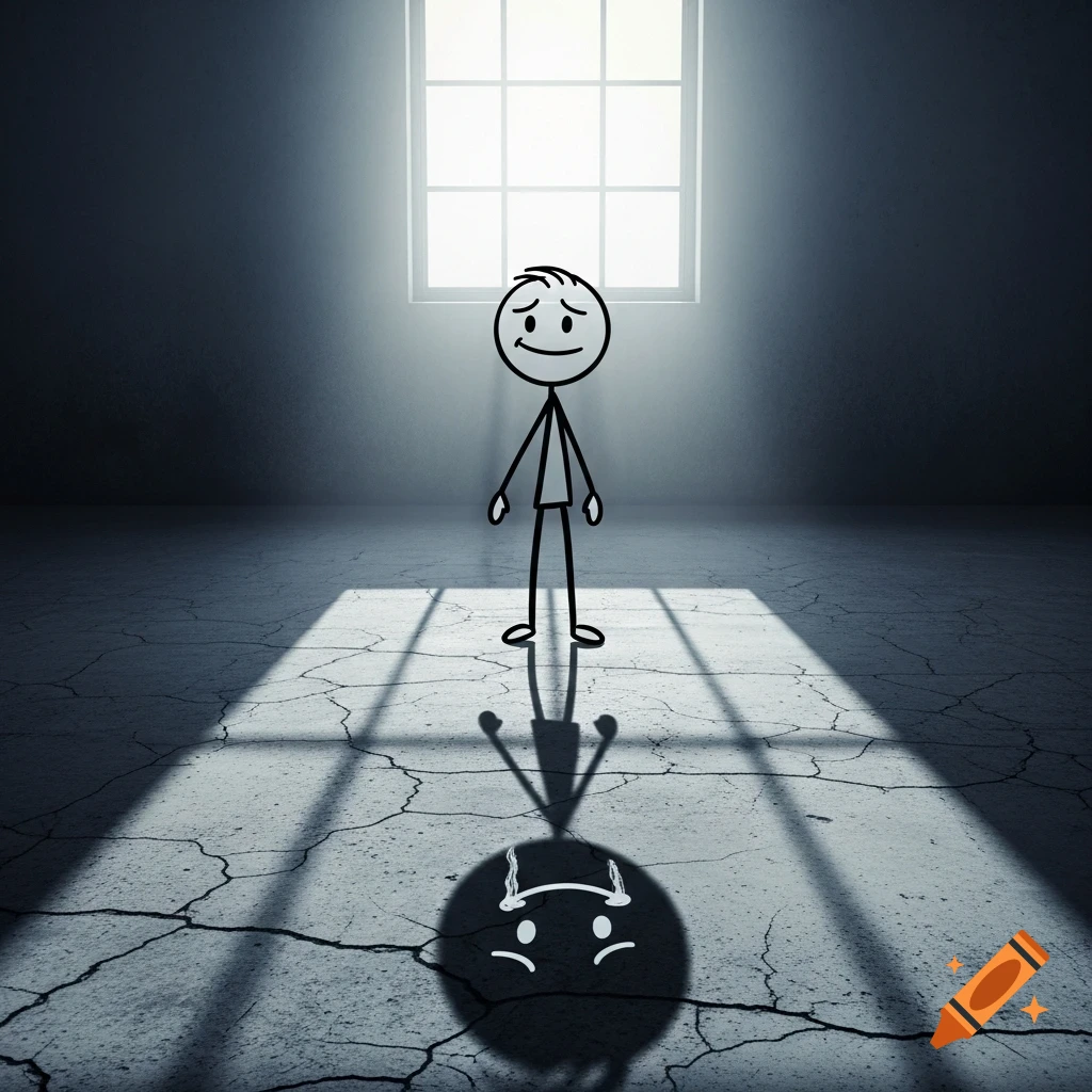 A stick figure with a slight smile stands in a dark room, its shadow revealing a frowning, crying face. Light streams from a window.