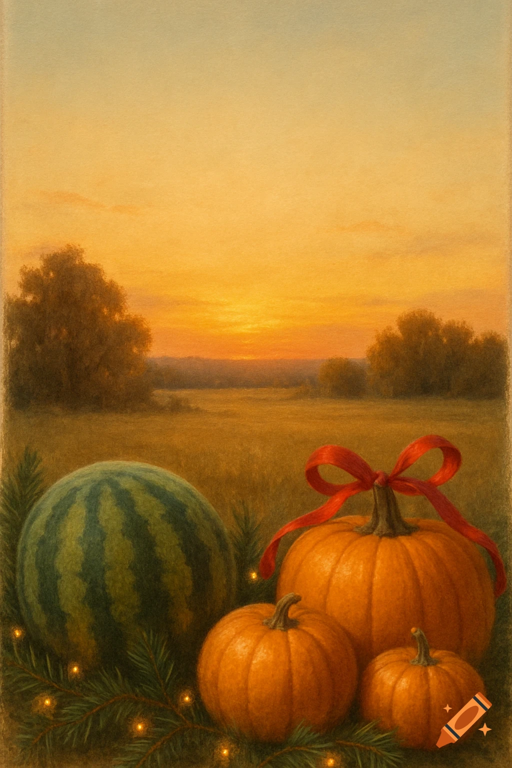 A painted scene of pumpkins and a watermelon arranged with pine branches and warm lights in the foreground against a warm sunset field.