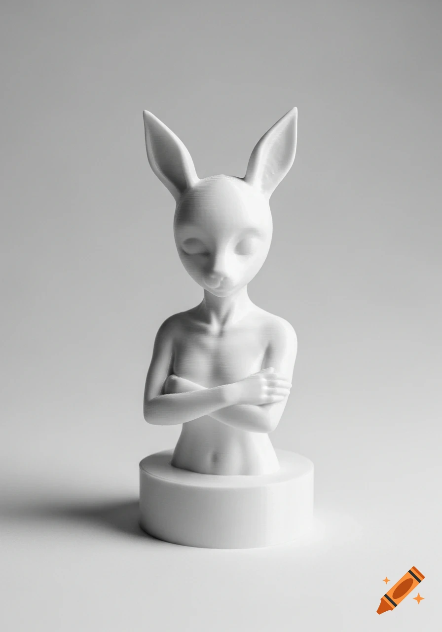 White 3D printed stylized female bust with rabbit ears and crossed arms on a circular base, product photography style.